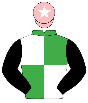 EMERALD GREEN & WHITE QUARTERED, black sleeves, pink cap, white star                                                                                  