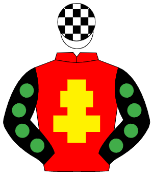 RED, yellow cross of lorraine, black sleeves, emerald green spots, white & black check cap