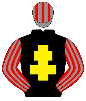 BLACK, yellow cross of lorraine, red & grey striped sleeves, grey & red striped cap                                                                   