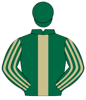 DARK GREEN, beige panel, striped sleeves, dark green cap                                                                                              