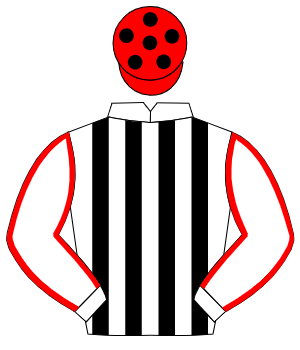 WHITE & BLACK STRIPES, white sleeves, red seams, red cap, black spots