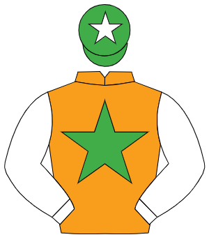 ORANGE, emerald green star, white sleeves, emerald green cap, white star