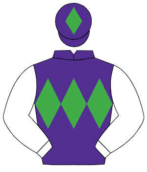 PURPLE, emerald green triple diamond, white sleeves, purple cap, emerald green diamond