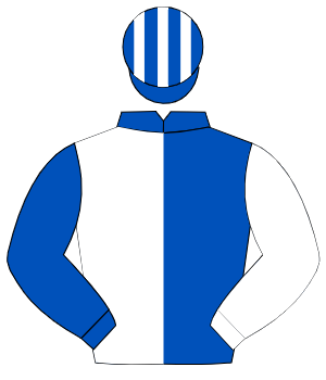 ROYAL BLUE & WHITE HALVED, sleeves reversed, striped cap