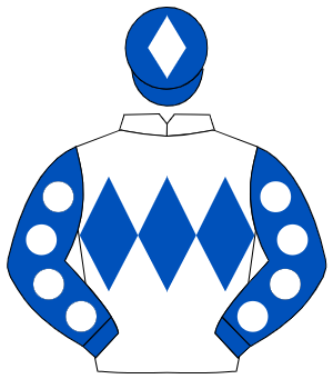 WHITE, royal blue triple diamond, royal blue sleeves, white spots, royal blue cap, white diamond