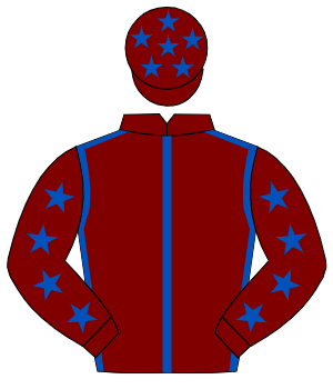 MAROON, royal blue seams, royal blue stars on sleeves, maroon cap, royal blue stars