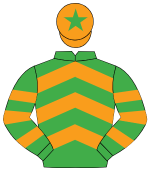 EMERALD GREEN & ORANGE CHEVRONS, hooped sleeves, orange cap, emerald green star