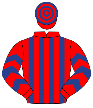 RED & DARK BLUE STRIPES, dark blue chevrons on sleeves, hooped cap