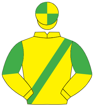 YELLOW, emerald green sash, halved sleeves, quartered cap