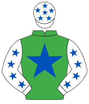 EMERALD GREEN, royal blue star, white sleeves, royal blue stars, white cap, royal blue stars
