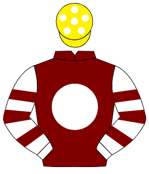 MAROON, white disc, white & maroon hooped sleeves, yellow cap, white spots