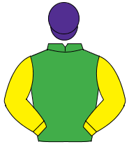 EMERALD GREEN, yellow sleeves, purple cap