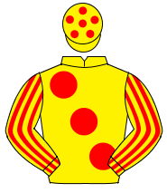 YELLOW, large red spots, striped sleeves, yellow cap, red spots                                                                                       