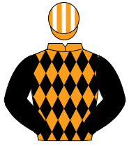 ORANGE & BLACK DIAMONDS, black sleeves, orange & white striped cap                                                                                    