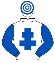 WHITE, royal blue cross of lorraine & sleeves, hooped cap                                                                                             