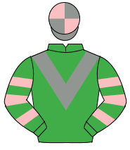 EMERALD GREEN,grey chevron,em.green & pink hooped sleeves,grey & pink qtd. cap                                                                        