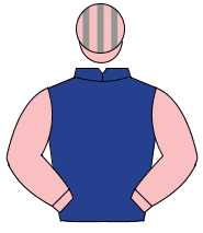 DARK BLUE, pink sleeves, pink & grey striped cap                                                                                                      