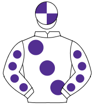 WHITE, large purple spots, purple spots on sleeves, quartered cap                                                                                     