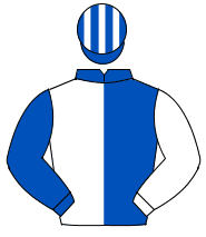 ROYAL BLUE & WHITE HALVED, sleeves reversed, striped cap                                                                                              