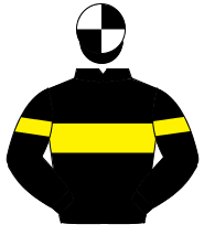 BLACK, yellow hoop on body & sleeves, black & white quartered cap                                                                                     