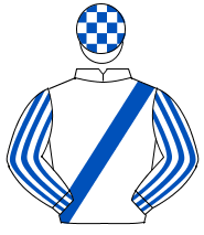WHITE, royal blue sash, striped sleeves, check cap                                                                                                    