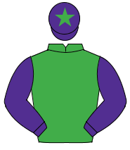 EMERALD GREEN, purple sleeves, purple cap, emerald green star                                                                                         