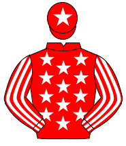 RED, white stars, striped sleeves, red cap, white star                                                                                                
