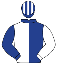 DARK BLUE & WHITE HALVED, sleeves reversed, striped cap                                                                                               