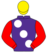 PURPLE, large white spots, red sleeves, yellow cap                                                                                                    