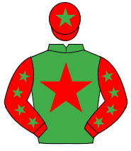 EMERALD GREEN, red star, red sleeves, emerald green stars, red cap, emerald green star                                                                