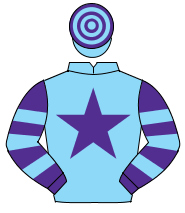 LIGHT BLUE, purple star, purple & light blue hooped sleeves, light blue & purple hooped cap                                                           
