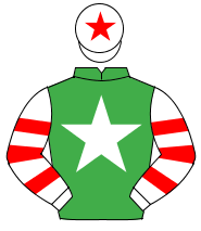 EMERALD GREEN, white star, white & red hooped sleeves, white cap, red star                                                                            