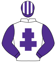 WHITE, purple cross of lorraine & sleeves, purple & white striped cap                                                                                 