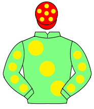 LIGHT GREEN, large yellow spots, yellow spots on sleeves, red cap, yellow spots                                                                       