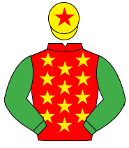 RED, yellow stars, emerald green sleeves, yellow cap, red star                                                                                        