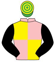 PINK & YELLOW QUARTERED, black sleeves, emerald green & yellow hooped cap                                                                             