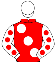 RED, large white spots, white sleeves, red spots, white cap                                                                                           