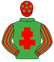 EMERALD GREEN, red cross of lorraine, striped sleeves, red cap, emerald green spots                                                                   
