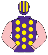 PURPLE, yellow spots, pink sleeves, purple & yellow striped cap                                                                                       