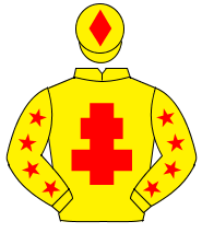 YELLOW, red cross of lorraine, red stars on sleeves, red diamond on cap                                                                               