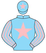 LIGHT BLUE, pink star, striped sleeves, pink star on cap