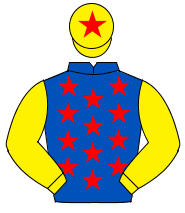ROYAL BLUE, red stars, yellow sleeves, yellow cap, red star                                                                                           