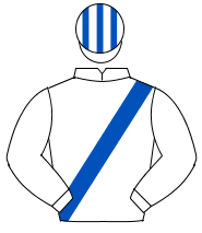 WHITE, royal blue sash, striped cap                                                                                                                   