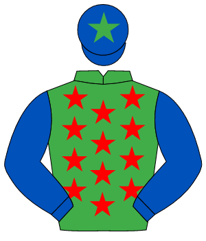 EMERALD GREEN, red stars, royal blue sleeves, royal blue cap, emerald green star                                                                      