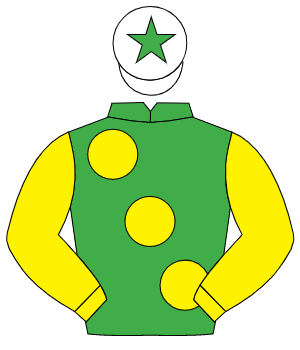 EMERALD GREEN, large yellow spots & sleeves, white cap, emerald green star                                                                            