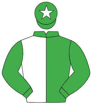 EMERALD GREEN & WHITE HALVED, emerald green sleeves, white star on cap                                                                                