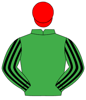 EMERALD GREEN, emerald green & black striped sleeves, red cap                                                                                         