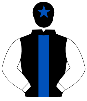 BLACK, royal blue panel, white sleeves, black cap, royal blue star