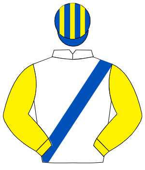 WHITE, royal blue sash, yellow sleeves, royal blue & yellow striped cap