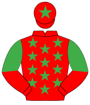 RED, emerald green stars, halved sleeves, emerald green star on cap